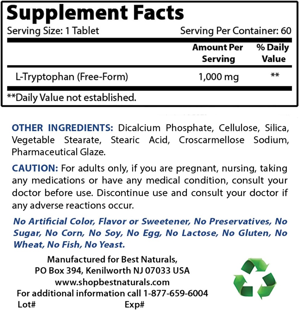 Bedste Naturals L- Tryptophan 1000 mg & L- Theanine 200mg