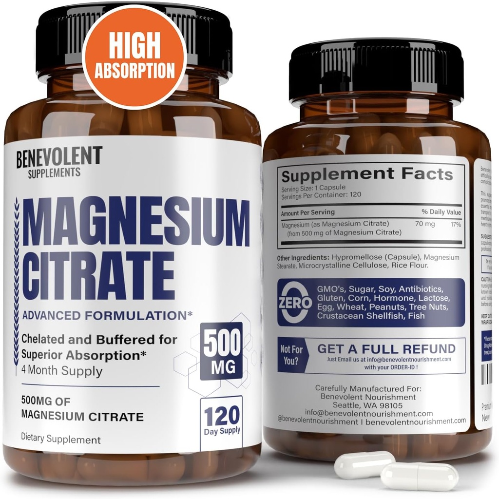 Premium Magnesium Citrate 500mg Kapsler (Citrato de Magnesio) High Absorption Formel Chelated Buffered Citrate to Support Ditagestion, Knogle, Sleep & Muscle Health - 120 Kapsler