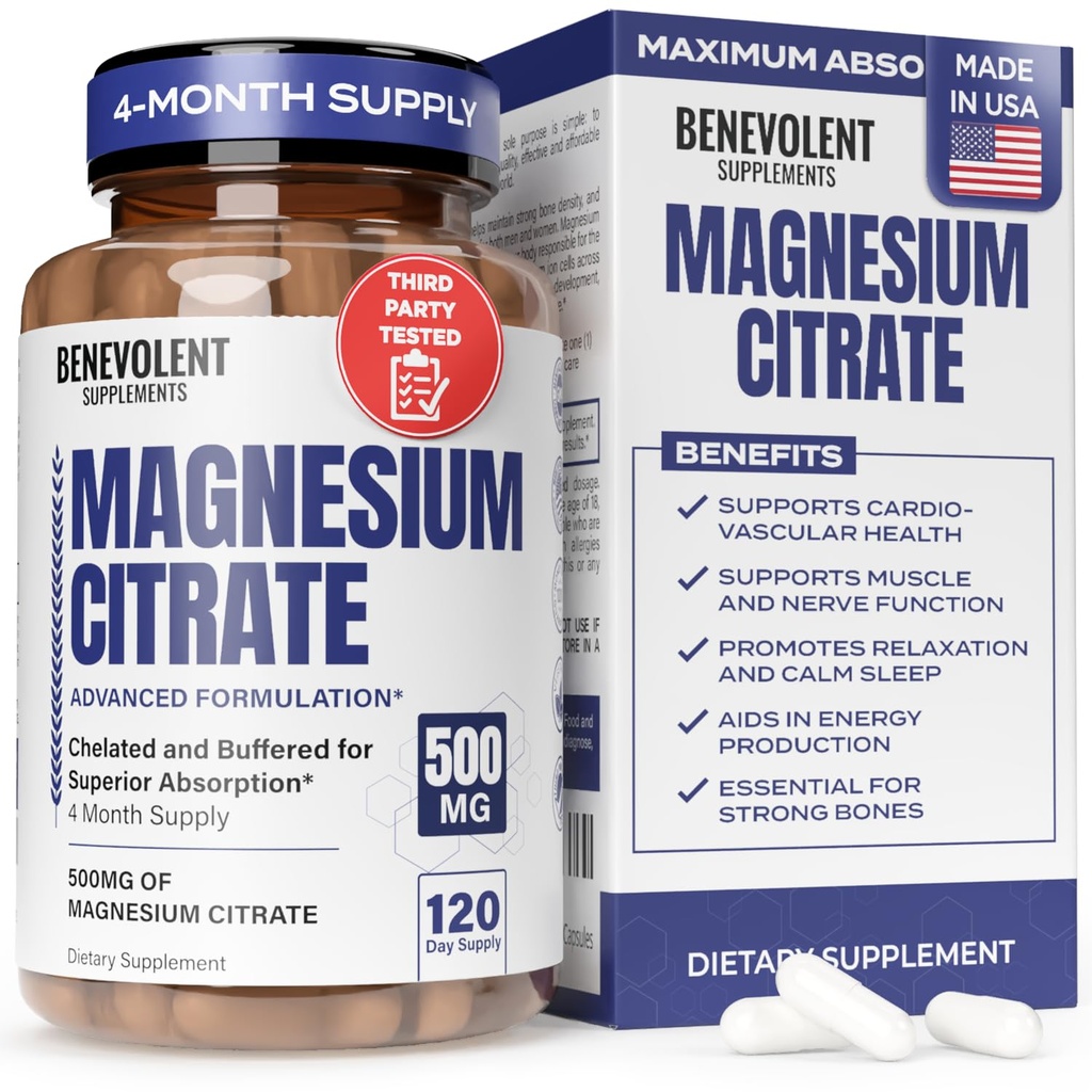 Premium Magnesium Citrate 500mg Kapsler (Citrato de Magnesio) High Absorption Formel Chelated Buffered Citrate to Support Ditagestion, Knogle, Sleep & Muscle Health - 120 Kapsler