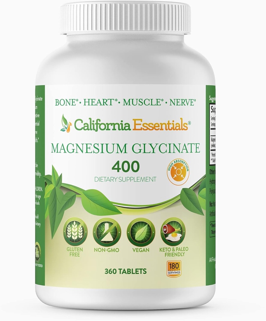 California Essentials Magnesium Glycinate 400 - Chelated, High Absorption Elemental Magnesium for Muscle Relief, Bone & Heart Support -Vegan, Non- GMO, Gluten- Free (360 tællinger (pakke med 1))