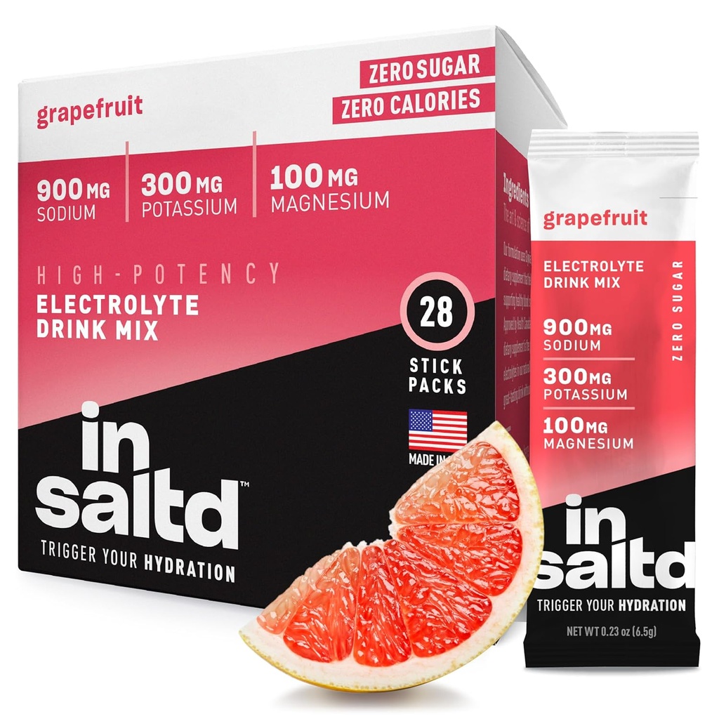 INSALTD ™ Sugar Free Electrolytes Powder Packets with No Stevia Aftershage Dex124; High- Potency Hydration Packets Dex124; Keto Electrolyte Drinks Dexter Mix 124; 28 Pack (Grapefrugt)