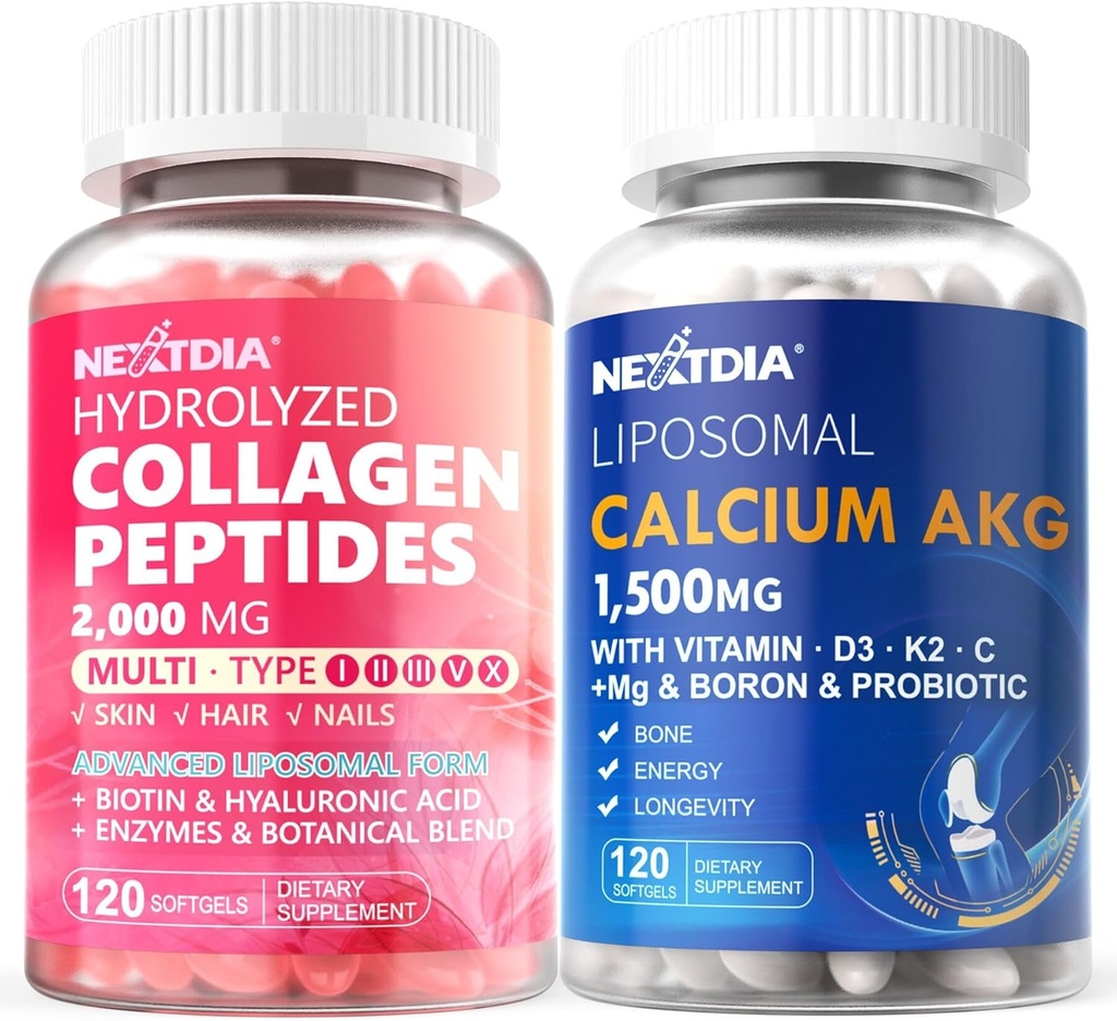 Hydrolyseret Collagen Peptider Pills + Liposomal Calcium AKG Supplement 1500mg
