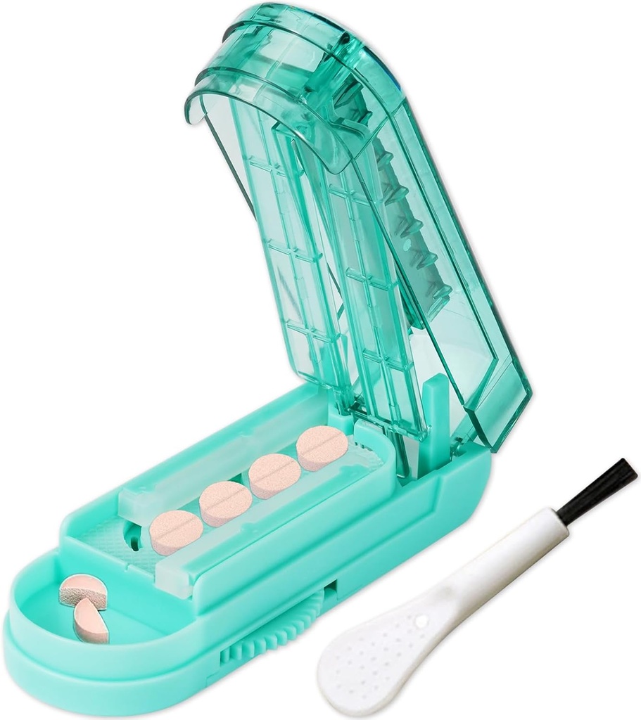 Johnbee Pill Cutter Splitter til små og små piller, større piller. Justerbar Pill Splitter præcist udskærer flere piller på én gang. Sharp Blade med sikkerhedsvagt. Non- Slip Silicone Edge (Lake Blue)