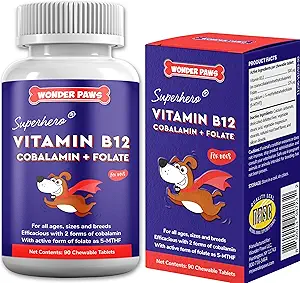 Wonder Paws B12 Supplement for Dogs – Vitamin B-12 for All Ages, Sizes & Breeds – Vitamin B12 for Dogs as Superior Methylcobalamin, Cobalamin & Folate (5-MTHF) – 90 Beef Flavored Chewables