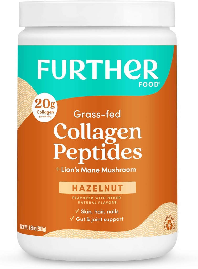 Yderligere fødevarer Hasselnød Collagen Peptider Pulver med løvens Mane Mushroom, Grass- Fed Hydrolyzed Type 1 & 3 Protein, Gut Health + Joint, Hår, Hud, Nails, Paleo Keto Sugar- Free 9,88 oz