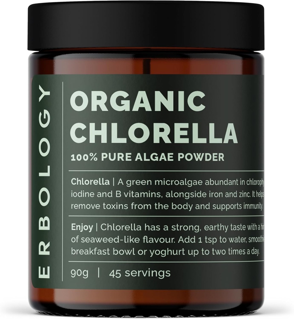 Erbologic Organic Chlorella Powder 3.2 oz - 45 Servering - Bæredygtigt sourced i Spanien - Krop Cleansing og Immunity Support - Rich in Chlorophyll, B Vitamin, Jern og Phosphorus - Vegan - GMO- Free