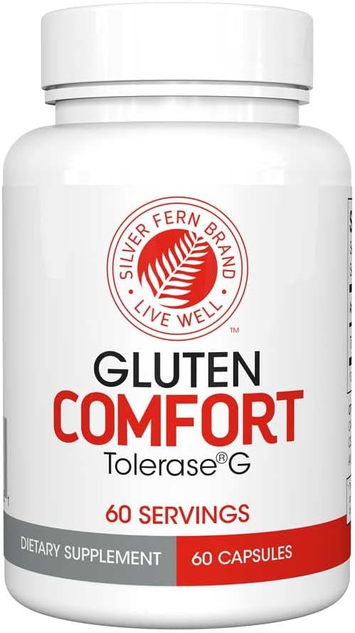 Sølv Fern Gluten Comfort med Tolerase G - 1 flaske - 60 kapsler - fordøjelsesmiddel Enzyme lavet specielt til at bryde ned og det største Gluten Protein