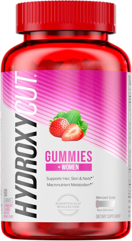 Hydroxycut Gummies + Kvinder, Jordbær - 99% Koffein Free - Understøtter hår, hud & negle - Metabolize Carbs, Proteiner & Fedtstoffer