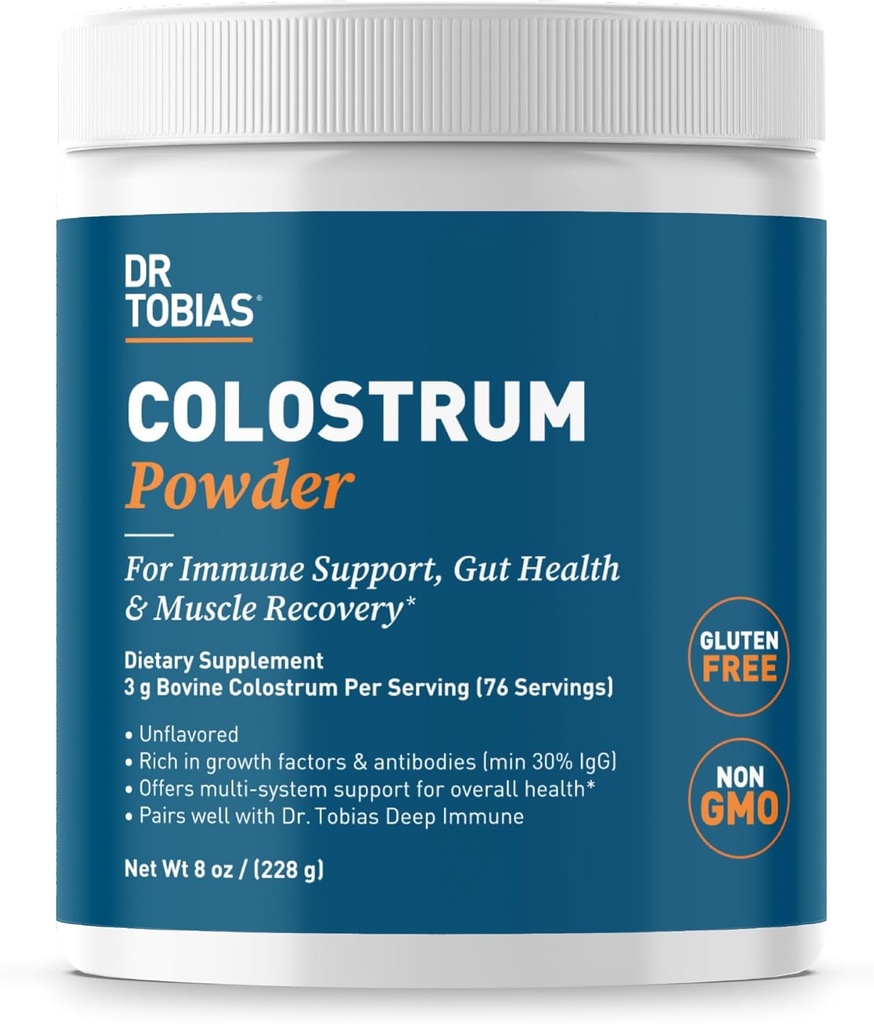 Dr. Tobias Colostrum Powder, Premium Bovine Colostrum Supplement til immunforsvar, Gut Health & Muscle Inddrivelse, 3g Per Servering, Minimum 30% IgG, Unflavored, 8 oz, 76 Servering