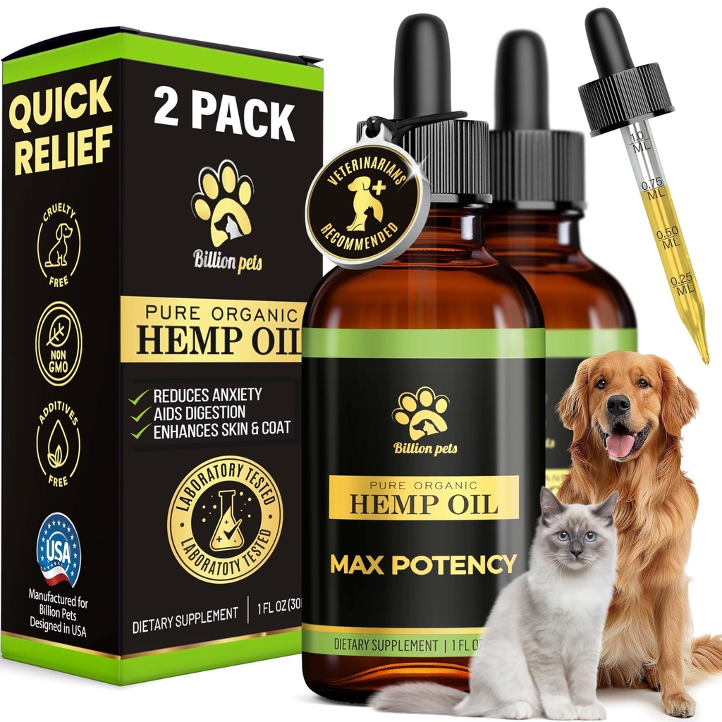 Billion Kæledyr - Hamp Olie til Hunde og Katte - Hjælper med Angst, Smerte, Stress, Sove, Gigt, Krampeanfald Relief - Hip og fælles støtte - Calming Drops