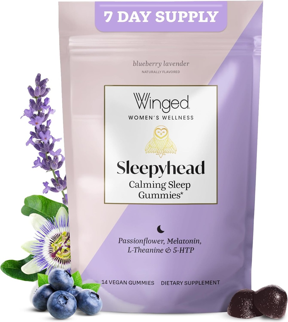 Vinged Wellness Sleepyhead Natural Sleep Gummies for Women - Sovestøtte til voksne med 3 mg Melatonin, L-Theanin, 5-HTP - Natural Gummy Supplement - Blåbær Lavendel, 14 Vegansk Gummies
