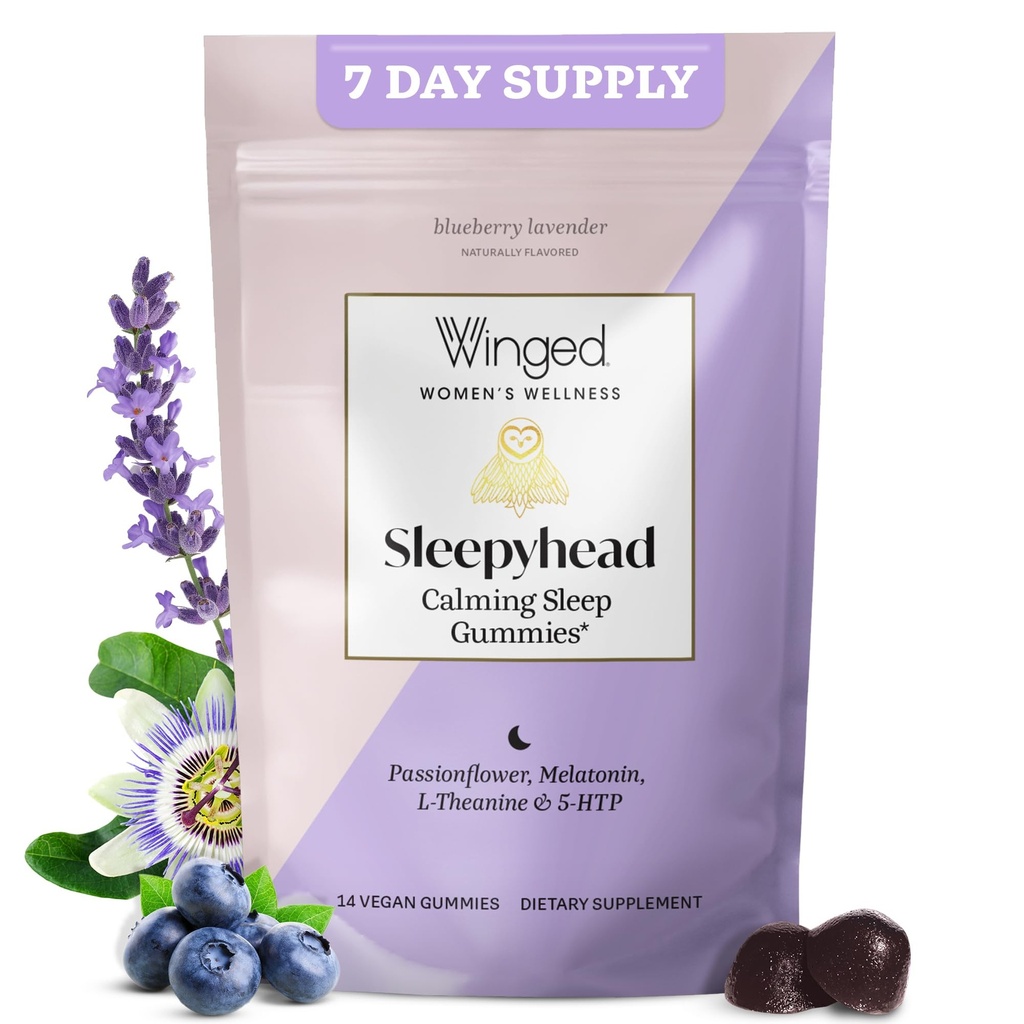 Vinged Wellness Sleepyhead Natural Sleep Gummies for Women - Sovestøtte til voksne med 3 mg Melatonin, L-Theanin, 5-HTP - Natural Gummy Supplement - Blåbær Lavendel, 14 Vegansk Gummies