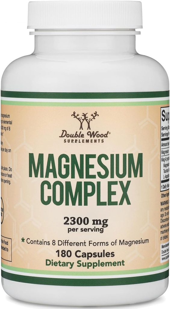 Magnesium Complex supplement 180 kapsler (426mg Elemental Magnesium leveres af 2,300mg af otte forskellige former for Magnesium) MAG- 8 giver 100% daglig anbefalet værdi af Magnesium med dobbelt træ