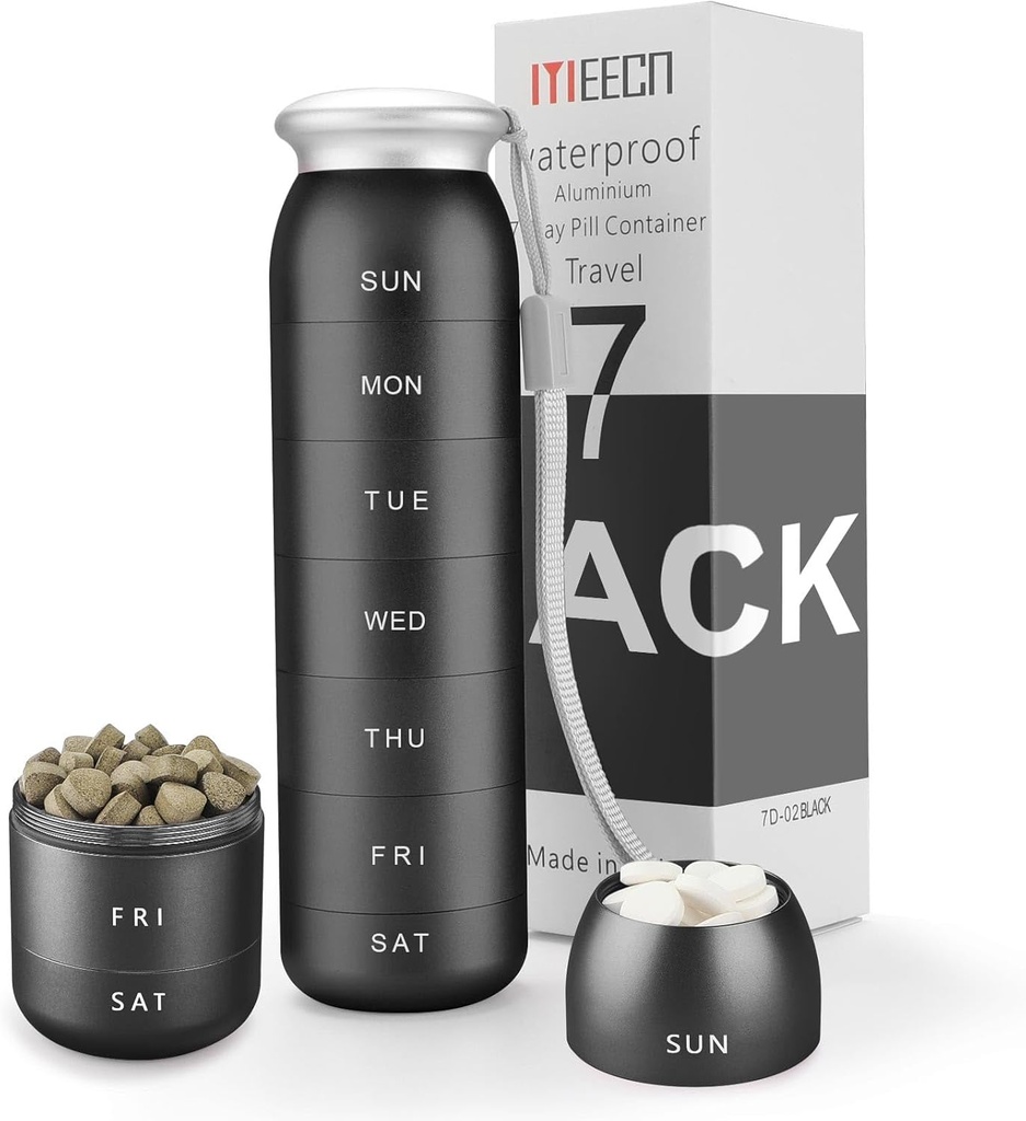 Ugentlig Pill Organizer, Bærbar rejse 7 Dag, Vandtæt Container, Stor, Aluminium, Metal, Hold Vitamin, Cod Lever Oil, Kosttilskud og Medicin (sort)
