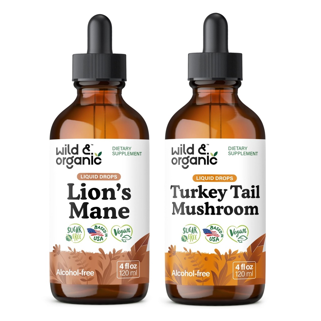 Wild & Organic Lions Mane Tinktur 4 fl oz & Tyrkiet Tail Tinktur 4 fl oz