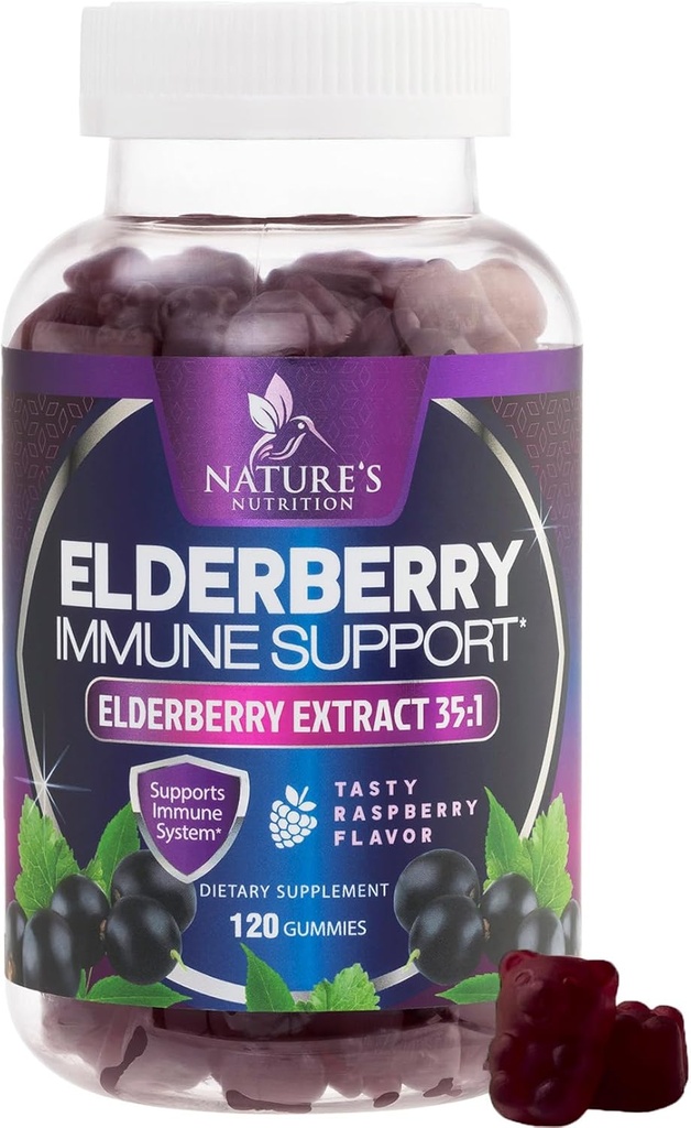 Elderberry Immunsupport Gummies - Super koncentreret 35: 1 Uddrag, Tilsvarende 4200mg af Elderberries - Sambucus Black Elder Berry Vitamin Supplement, Daglig støtte til børn og voksne - 120 Gummies