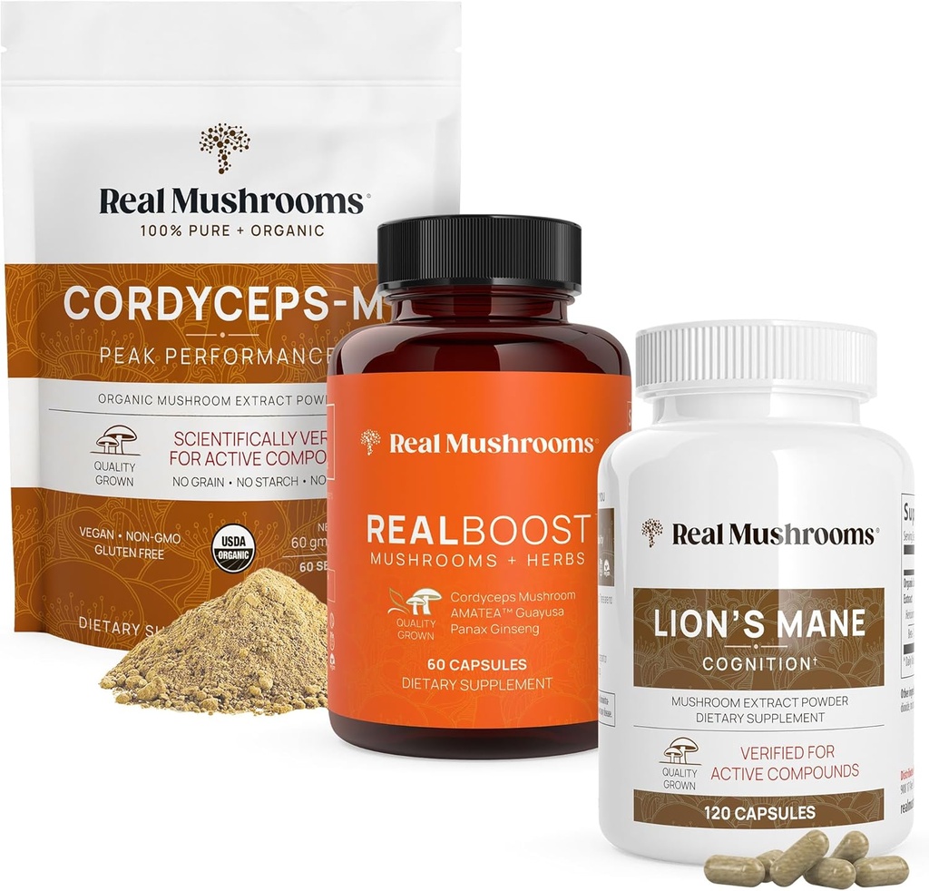 Real Champignons RealBoost (60ct), Lions Mane (120ct) & Cordyceps Mushroom Powder & Capsules Bundle - Mushroom Supplement for energi, Vitality, Endurance & Cognition - Vegan, Non- GMO