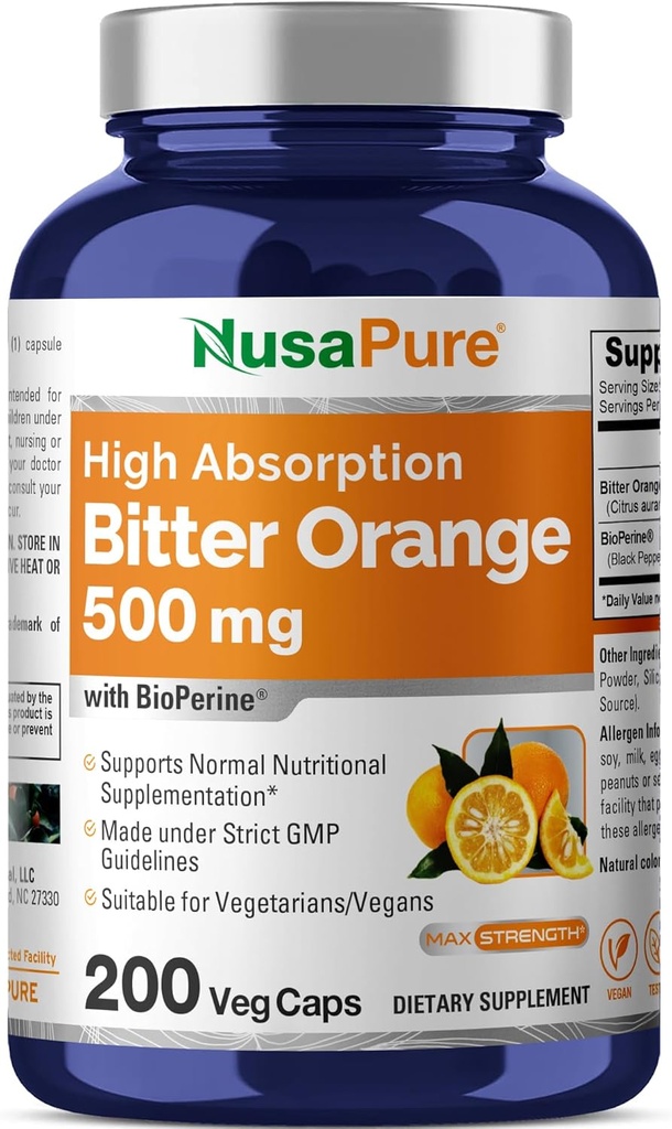 NusaPure Bitter Orange 500mg 200 Veggie Caps (Vegetarisk, non- GMO, Vegan) Bioperine