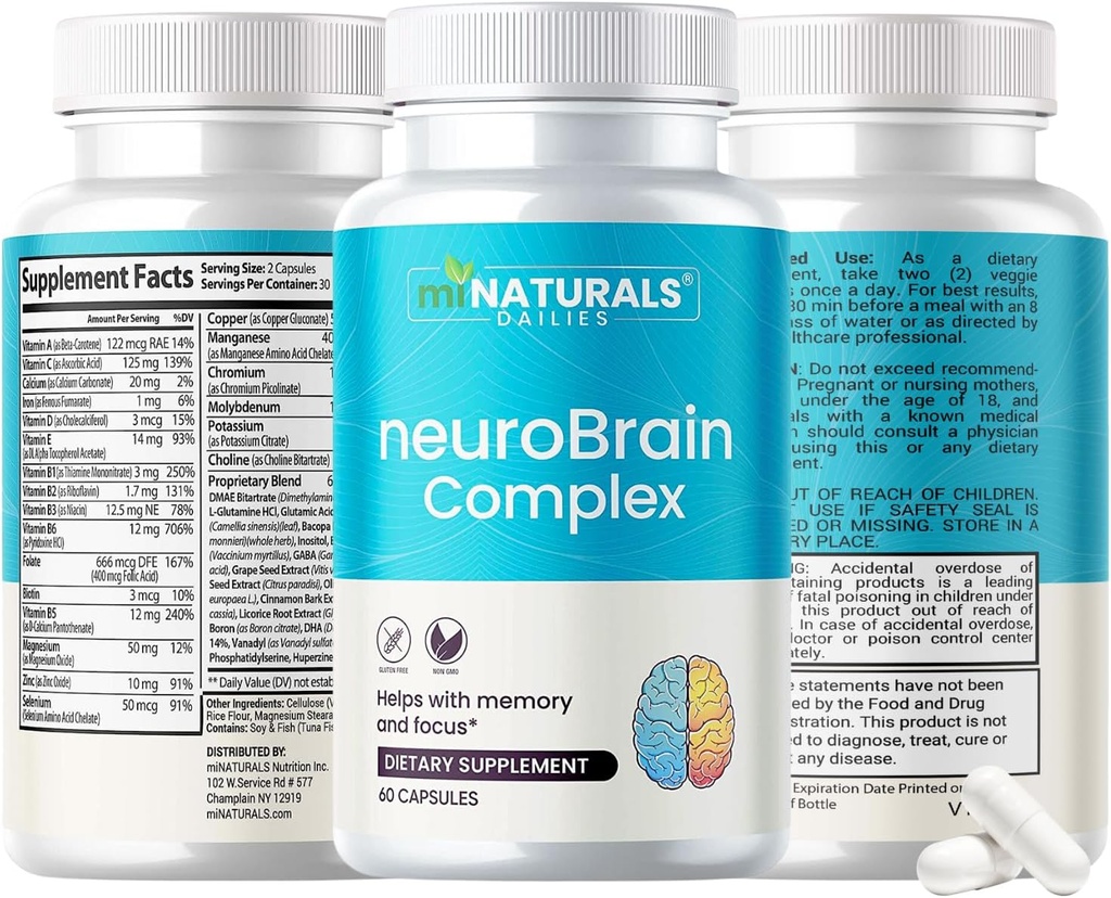 miNATURALS neuroBRAIN Complex Kosttilskud til hjælp med hukommelse og fokus for mænd, kvinder og seniorer, vitaminer og bacopa, GABA, Grape Seed, Bilberry Fruit Extract, og mere...