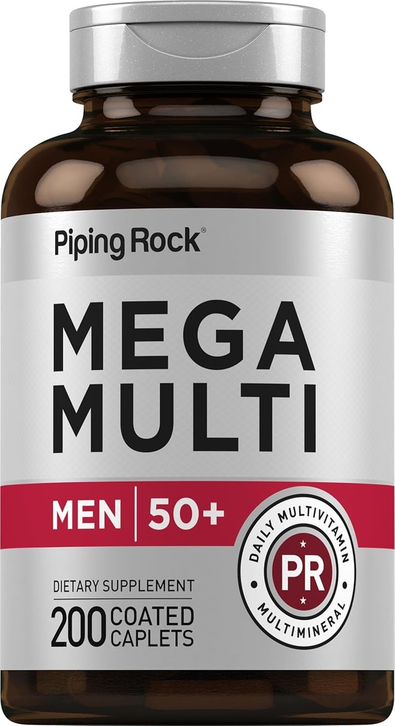Piping Rock Multivitamin til mænd Over 50 + • 124; 200 Caplets • 124; Mega 50 Plus Dagligt multimineral • 124; med Magnesium, Calcium, Zink • 124; Non- GMO, Gluten Free Supplement