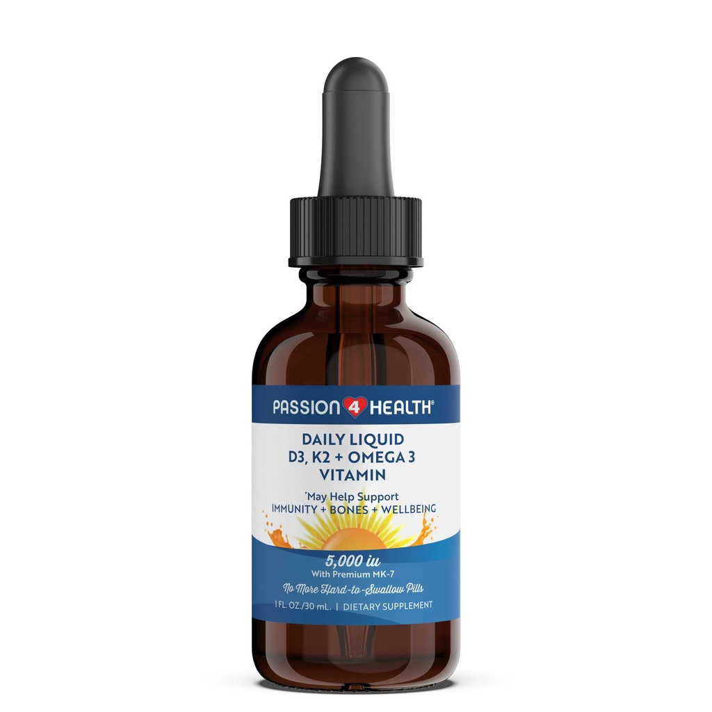 Passion 4 Health Organic Liquid Vitamin D3 K2 (Mk- 7) + Omega 3 Supplement - flydende D-vitamin dråber (5000IE) - Støtte til sunde knogler og muskler