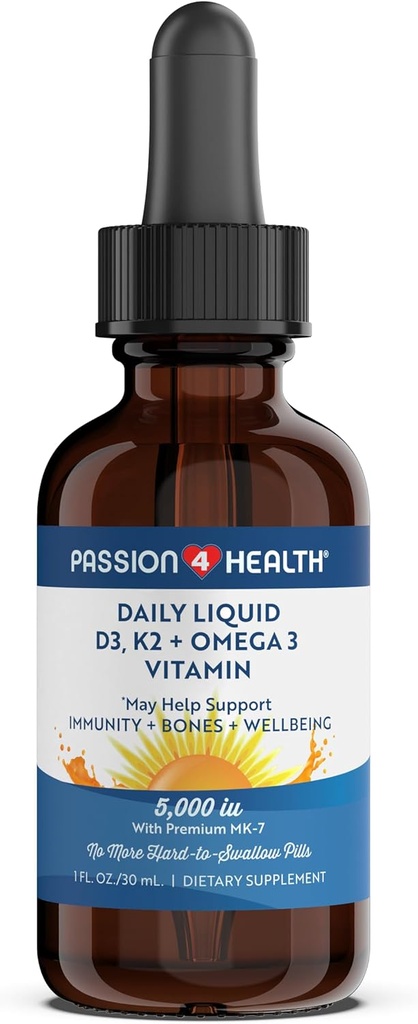 Passion 4 Health Organic Liquid Vitamin D3 K2 (Mk- 7) + Omega 3 Supplement - flydende D-vitamin dråber (5000IE) - Støtte til sunde knogler og muskler