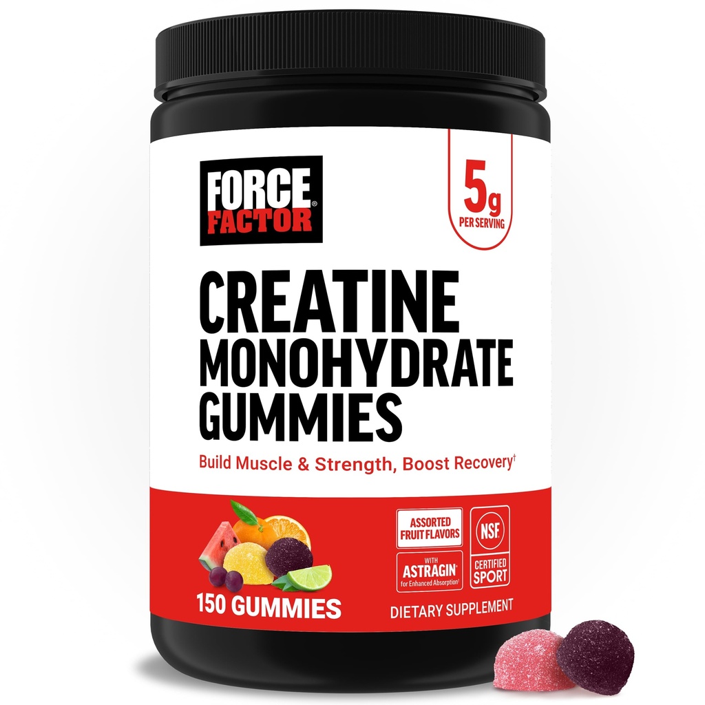 Kraftfaktor Creatinin Monohydrate Gummies, 5g dosis til mænd og kvinder til at støtte muskel, styrke, Inddrivelse, Kognitiv sundhed & hukommelse, Assorterede frugtsmag, 150 Gummies