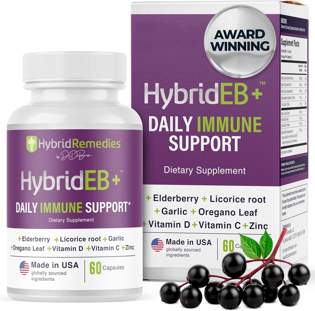 HybridEB Sambucus Elderberry Immunstøtte med C-vitamin, zink, D3-vitamin - Antioxidant & Immunity Supplement, 1 måned Supply - 9 i 1 Black Elderberry Kids og voksne - 60 kapsler