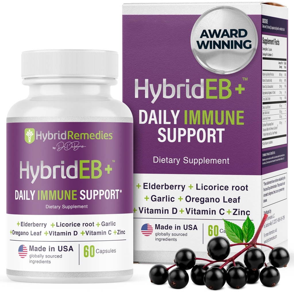 HybridEB Sambucus Elderberry Immunstøtte med C-vitamin, zink, D3-vitamin - Antioxidant & Immunity Supplement, 1 måned Supply - 9 i 1 Black Elderberry Kids og voksne - 60 kapsler
