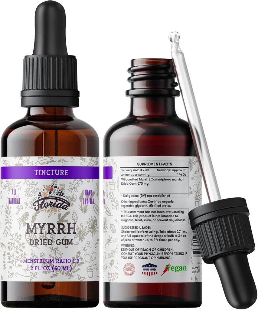 Myrrh Tincture, Myrrh Extract (Commiphora myrrha) til fordøjelsesbesvær - ikke- GMO i koldtpresset økologisk vegetabilsk glycerin 670 mg, tillæg 670 mg