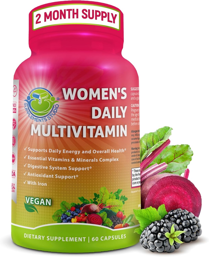 Daglig multivitamin med jern - Vegansk Methyleret Multivitamin til kvinder med biotin, Økologisk Superfood, Probiotika, B- Complex - Energi, Gut & Optimal Health Support - Let at synke kapsler