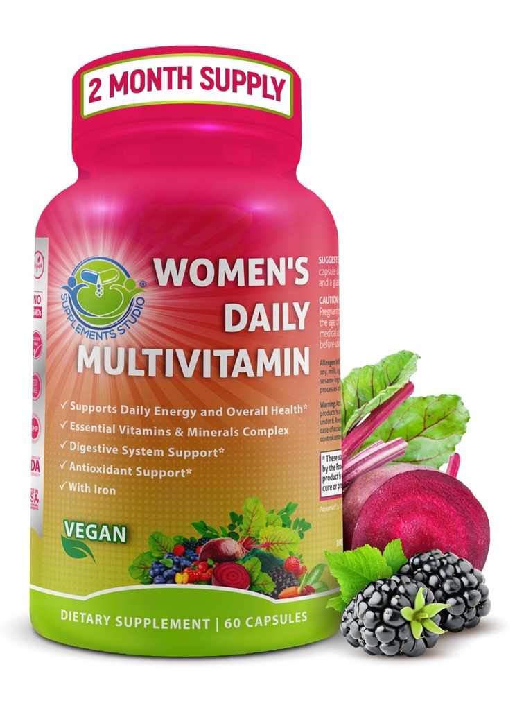 Daglig multivitamin med jern - Vegansk Methyleret Multivitamin til kvinder med biotin, Økologisk Superfood, Probiotika, B- Complex - Energi, Gut & Optimal Health Support - Let at synke kapsler