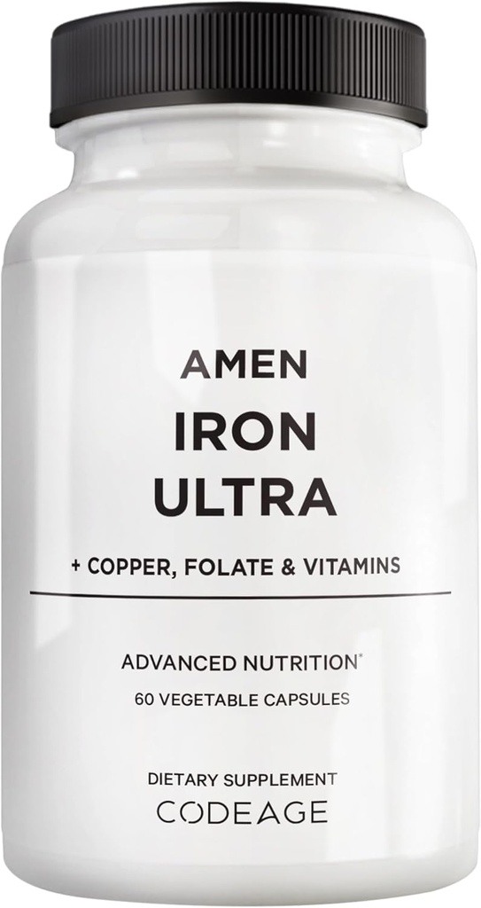 Amen Iron Ultra Supplement + kobber, folat, C-vitamin og B12- 2-måneders forsyning - FerrosulfatJernvitamin - 65mg per servering - Folinsyre - non-GMO piller - 60 kapsler