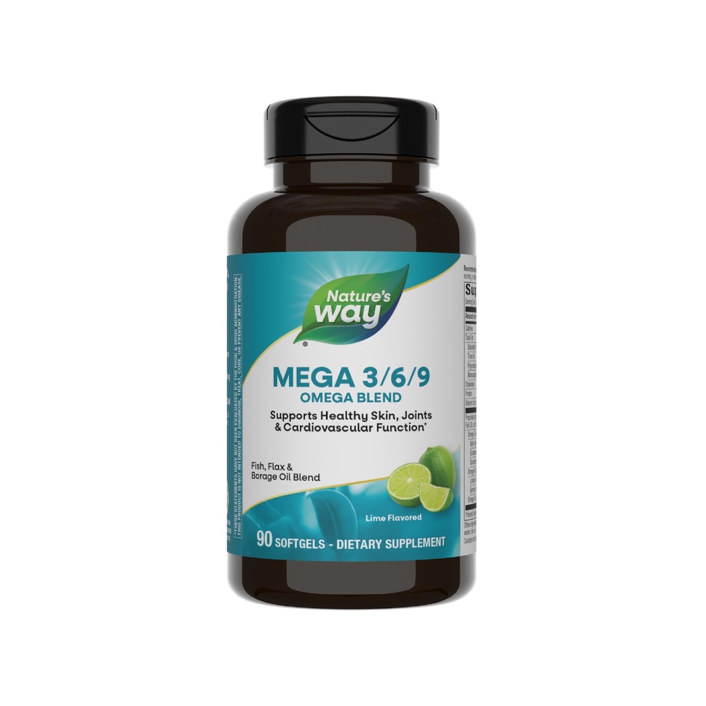 Nature 's Way Mega 3 / 6 / 9 Omega Blend, Understøtter sund hud, Joints, Kardiovaskulær funktion *, Fisk, Hør, Borage Oil, 90 Lime Flavored Softgels (Packaging May Vary)
