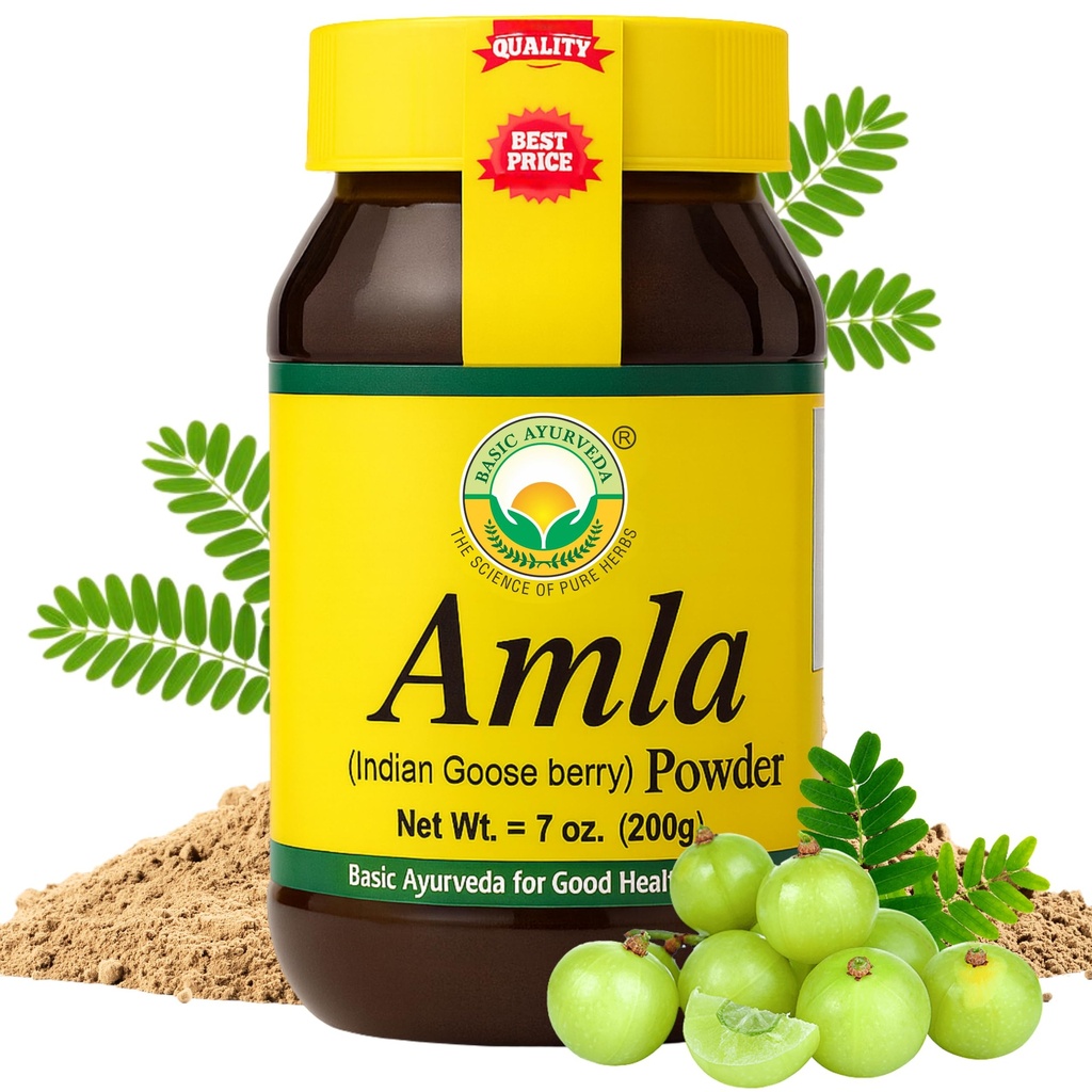 BASIC AYURVEDA Amla Powder 7.05 Oz (200gm) Beeg 124; 100% Raw & Natural Indian Gooseberry (Amalaki) for hår, hud & Immunity
