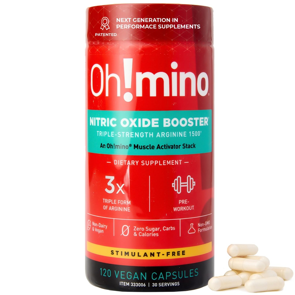 Oh! mino L- Arginin Nitroxid Supplement - Blood Flow Supplement, Nitroxide Booster w / Beetroot Powder for Energy, Focus, Endurance, Muscle Building - Pre & Post Workout (120- Tæl, 30 Servere)
