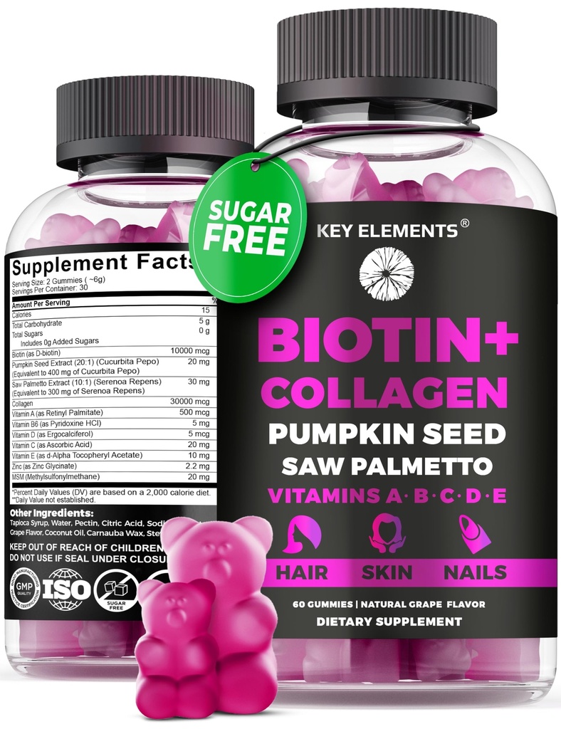 Hår Hud og negle 10000mcg Gummies & Collagen Gummies - Biotin Vitamin til hårvækst Pumpkin Seed Oil, Saw Palmetto Extract & Vitamin A B6 C D E - Biotin og Collagen Kosttilskud