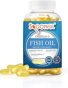 Spoonful Omega 3 Fish Oil Enteric Coated 2400mg, 200 kapsler, Burpless, Rapid Release Softgel kapsler, Made in USA, NSF- Certified