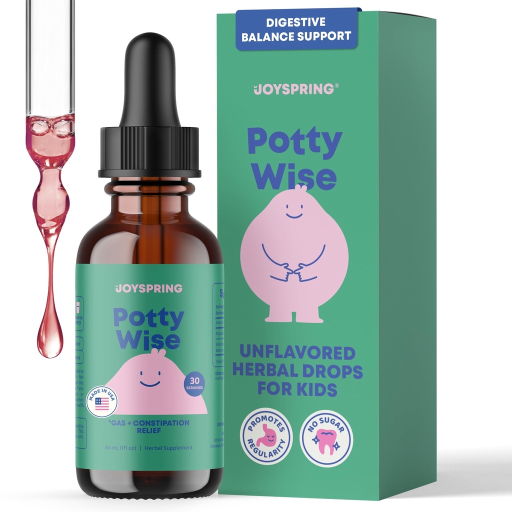 JoySpring Potty Wise Drops - Natural Constipation Relief for Kids & Toddlers - Elderberry, Licence Root Extract, Fennel Seed & Senna - Sugar- Free Vegan Liquid Blend Supplement (1 fl oz) 30 Servering