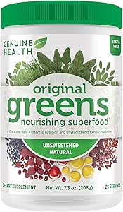 Ægte sundhed Grønne + Original Superfood Powder - Usødet Natural - Stevia Free - Chlorophyll Rich Ingredienser, Spirulina, Mælk Thistle, Antioxidanter -Dairy Free -208g- 25 Serveringer