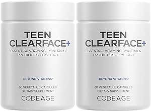 Codeage Teen Clearface Unge ansigt, hud & pimples, Vitaminer A, C, D3, E, Pantothensyre, Niacin, Zink Supplement Teenagere, Probiotika, L- Lysin, Omega-3, Olie Skin, Porer, Spots - 2 Pack
