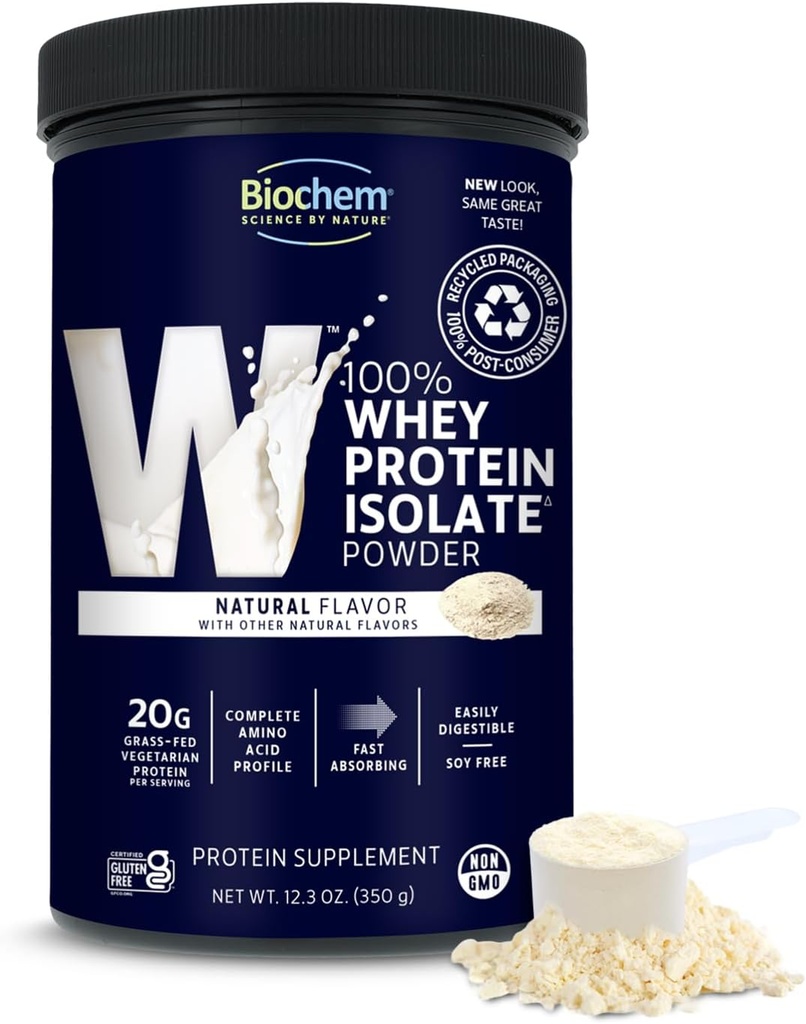 Biochem 100% Whey Isolate Protein - Natural Flavor - 12.3 Ounce, Fortræning og immunforsvar - 20g Vegetarisk Protein - Nemt fordøjeligt - Forfriskende smag - Keto Friendly & Nem at blande...