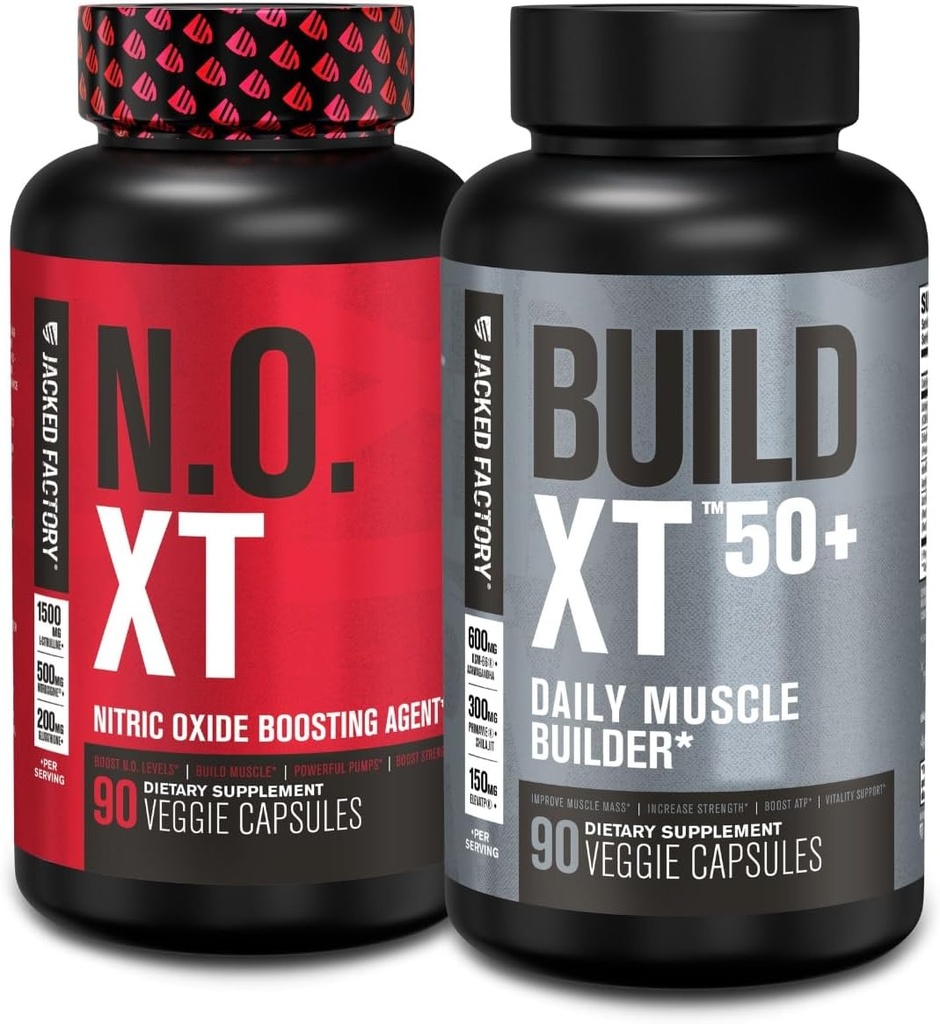Jacked Factory N.O. XT nitrogenoxid tillæg (90 kapsler) & Build XT 50 + Daily Muscle Builder (90 kapsler) for muskelvækst, Pumper, Vital, & Recovery