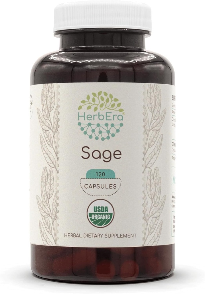 HerbEra Sage USDA Organic 120 Capsules Measures 124; Natural Herbal Supplements 124; Certified Organic Vegetarian Capsules and Organic Sage (Salvia officinalis) Tørret Leaf (120 Capsules)