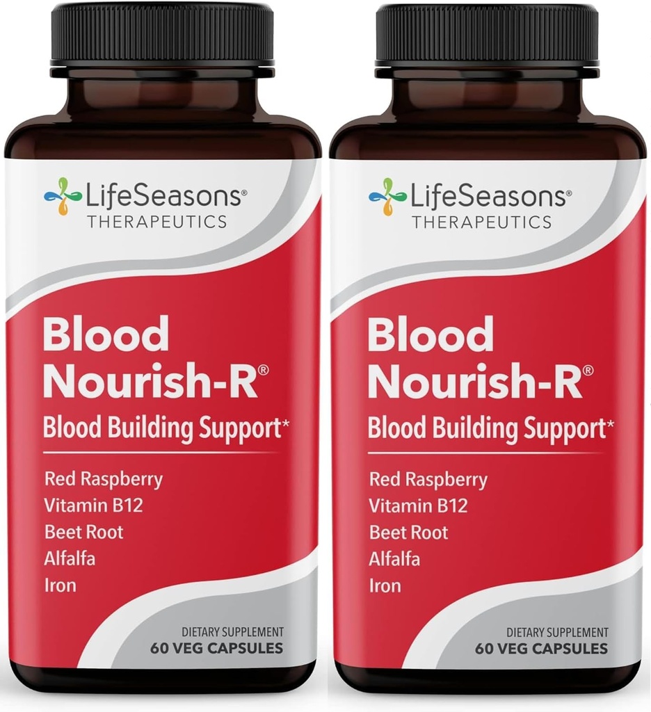 LifeSeasons Blood Nourish- R - Iron Supplement - Non Constipating - Supports Anæmi, Træthed, Paleness & Svimmelhed - Blood Building - Iron, Alfalfa, Raspberry & Vitamin B- 12- 60 Kapsler (pakke med 2)