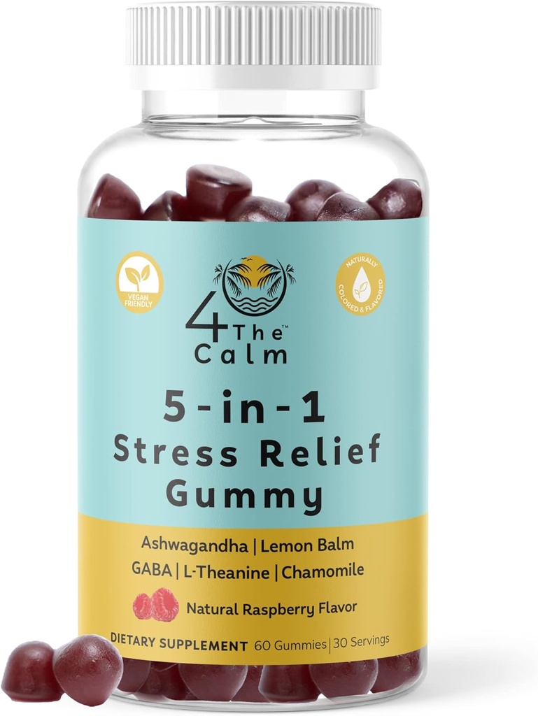 4TheCalm 5in1 Stress Relief Supplement Gummy - GABA, Lemon Balm, L-Theanine, Kamille, Ashwagandha - Stress Relief Gummies (Natural Raspberry Flavor, 60 Gummies)