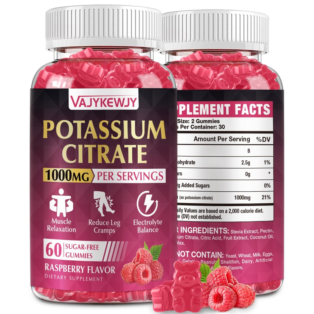 Kalium Citrate Gummies, High Kalium Supplement (1000mg), Understøtter Leg Cramp & Muscle Health, Egnet til voksne & Børn, Vegan, Non- GMO, 60- Tæl