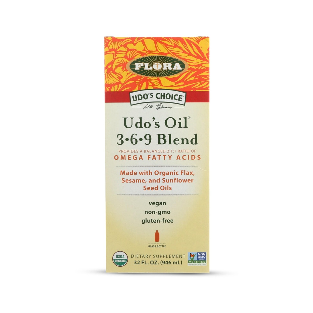 Flora Udo 's Oil 3- 6- 9 Blend - Vegan Omega- 3- 6, Indeholder økologisk kokos, hørfrøolie & mere - hold nedkølet - 32 fl. oz.