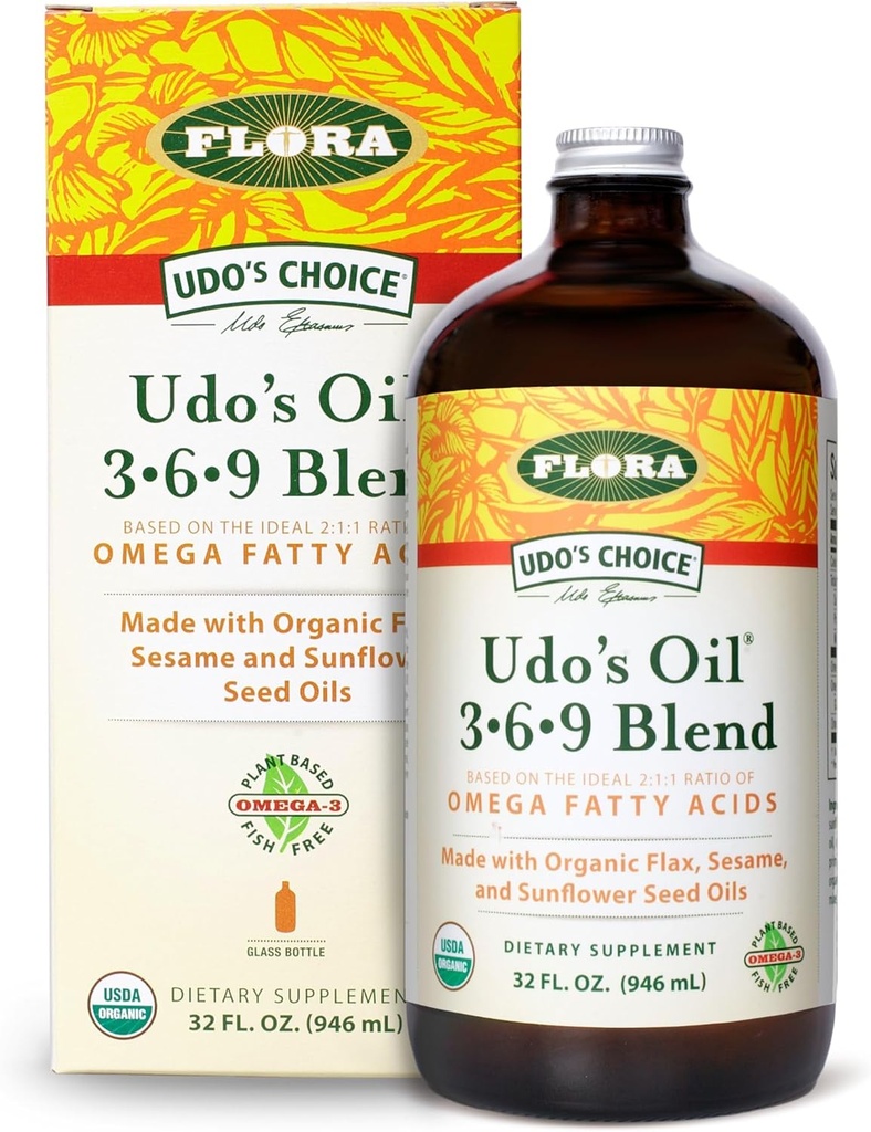 Flora Udo 's Oil 3- 6- 9 Blend - Vegan Omega- 3- 6, Indeholder økologisk kokos, hørfrøolie & mere - hold nedkølet - 32 fl. oz.