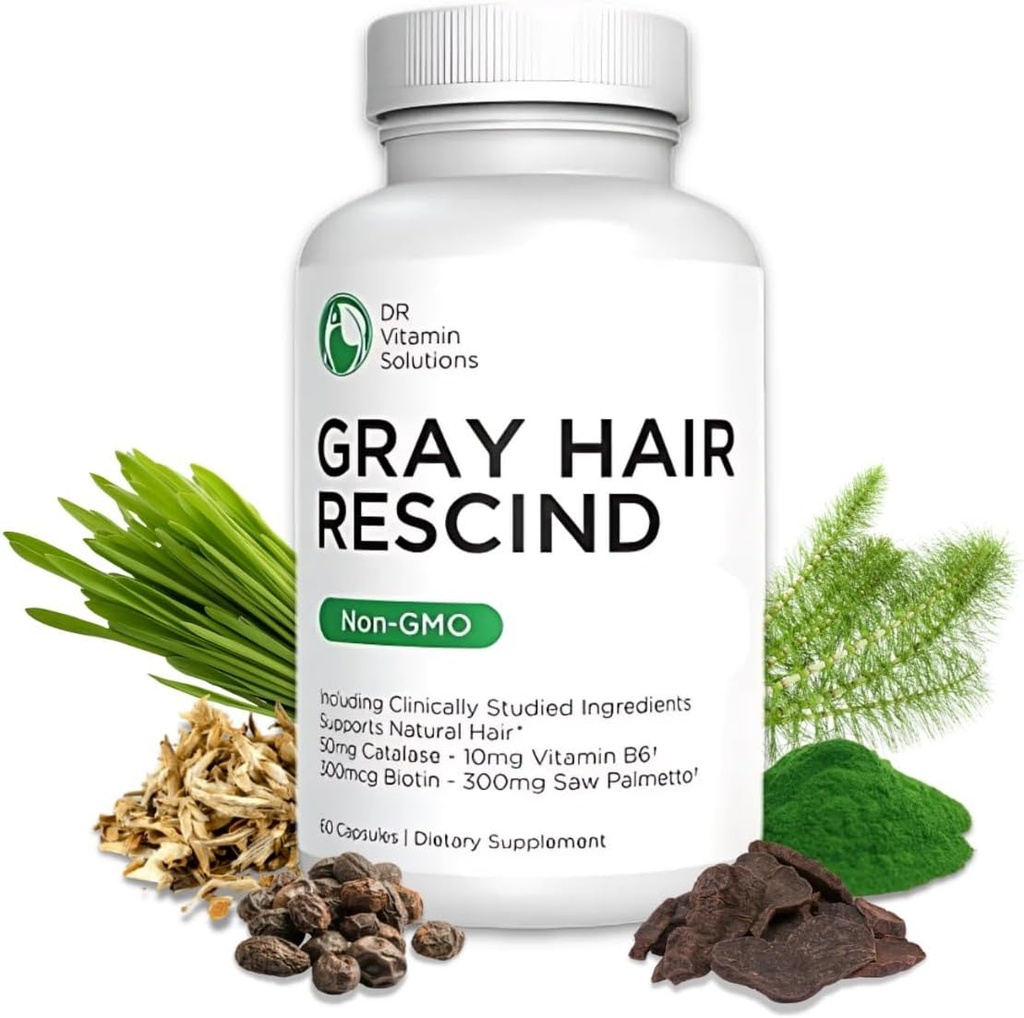 DR Vitamin Solutions Gray Hår Rescind med Catalase - Antiaging Hår, Hud og negle Vitaminer, Pantothensyre, Folsyre 400mcg, Biotin 300mcg, Saw Palmetto for mænd og kvinder